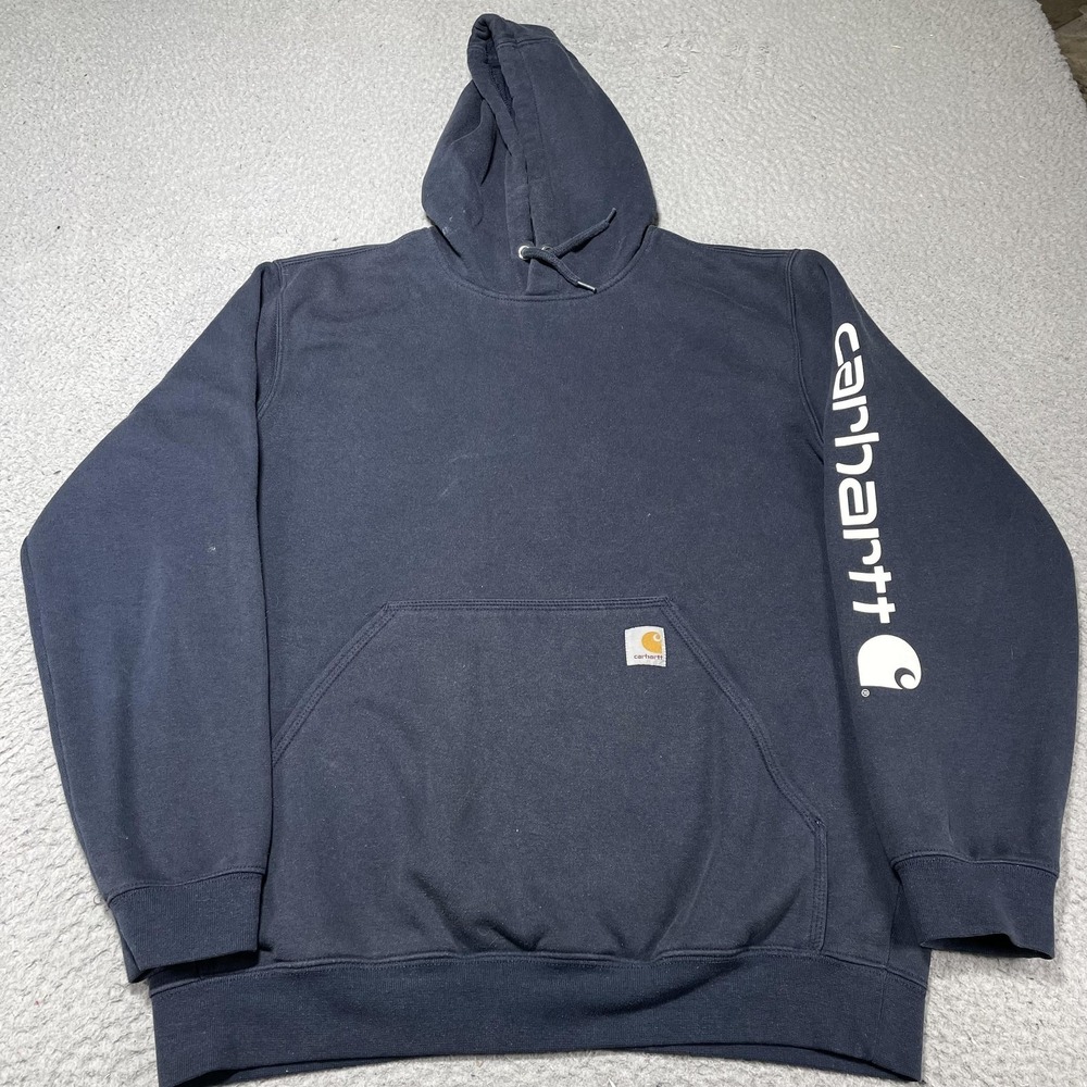 Carhartt Hoodie Mens Medium Blue Pullover Fleece Sweatshirt‎ Sleeve Logo
